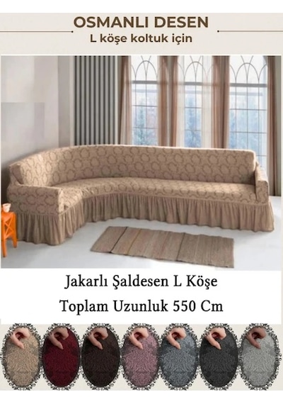 Upmall Jakarli Şal Desen 7 Kişilik L Köşe Koltuk Örtüsü, Esnek Koltuk Kılıfı, Osmanlı Desen 550cm Taş Taş