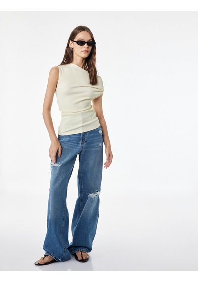 Koton Slim Fit Asimetrik Yaka Kolsuz Drapeli Bluz Sarı 6sal30200ık