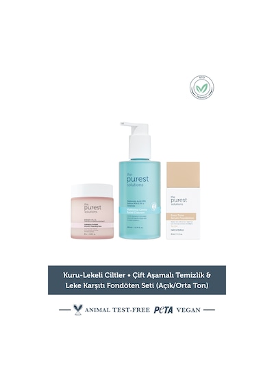 The Purest Solutions Kuru-Lekeli Ciltler • Çift Aşamalı Temizlik & Leke Karşıtı Fondöten Seti (Açık/Orta Ton)