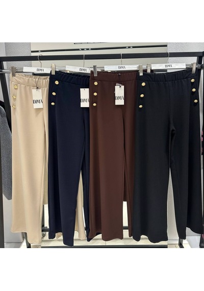 Ribana Classic Kadın Yeni Sezon Düğme Detaylı Krep Kumaş Bol Paça Pantolon 4652 Bej