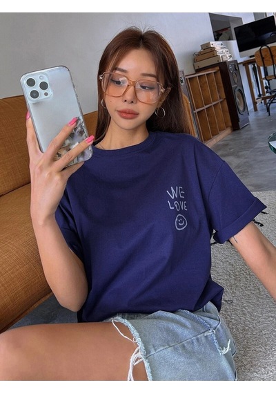 Flood Of Style Kadın Lacivert Love Love Love Baskılı Oversize T-shirt