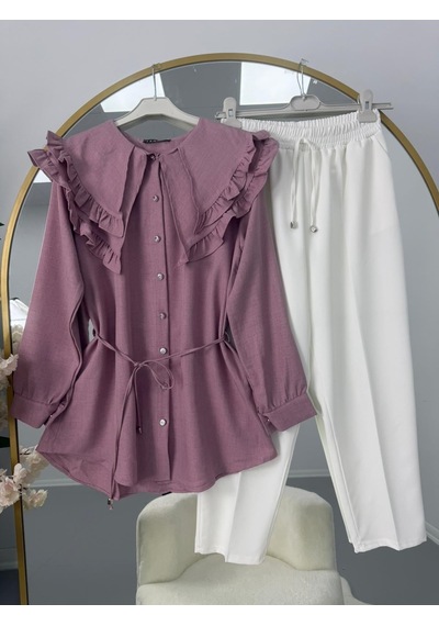 Lovie Moda Fırfır Yaka Bağcıklı Tunik Pantolonlu Takım Pembe