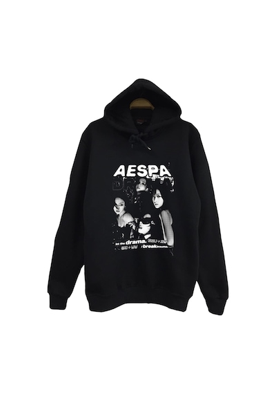 Aespa Müzik Grubu K-pop Baskılı Unisex %100 Pamuk Kapüşonlu Siyah Sweatshirt Siyah