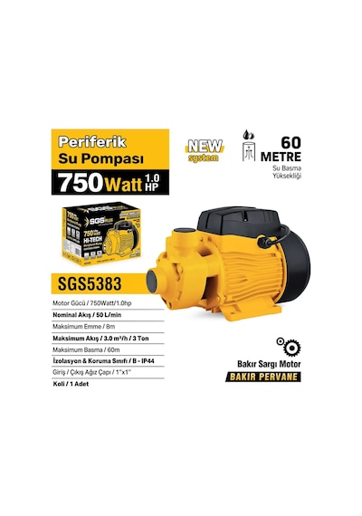 Sgs5383 Periferik Su Pompası 750 Watt 1.0 Hp Bakır Sargı Bakır Pervane