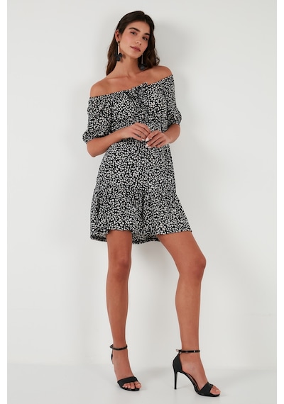 Lela Desenli Slim Fit Carmen Yaka Mini Bayan Elbise 5865620 Siyah