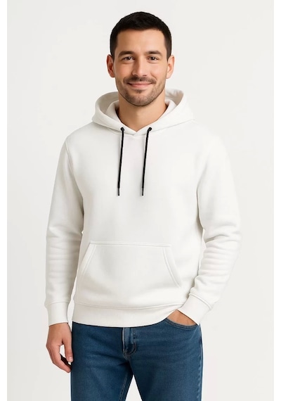Cvs Giyim Erkek Üç İplik Kapüşonlu Kanguru Cepli Sweatshirt Hoodie - Beyaz Beyaz