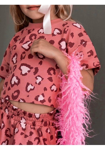 Magu Kız Çocuk Pamuklu Gül Kurusu Kalp Desenli Leopar Crop T-shirt Ve Şort Takım Çok Renkli
