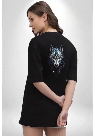 Mavi Kurt Robot Siyah Oversize Unisex Ön Ve Sırt Baskılı Tişört Siyah