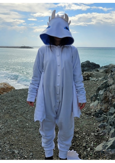 Işığın Öfkesi Ejderha Kostümü Yetişkin Beyaz Ejderha Pijama Tulum Kostüm