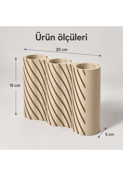 Çizgili Modern Tasarım Üç Bölmeli Dekoratif Vazo - Çiçeklik Bej