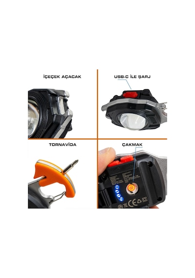 Rox 0230 Outdoor Çok Fonksiyonlu Anahtarlık Şarjlı Led Fener 500 Lümen Siyah