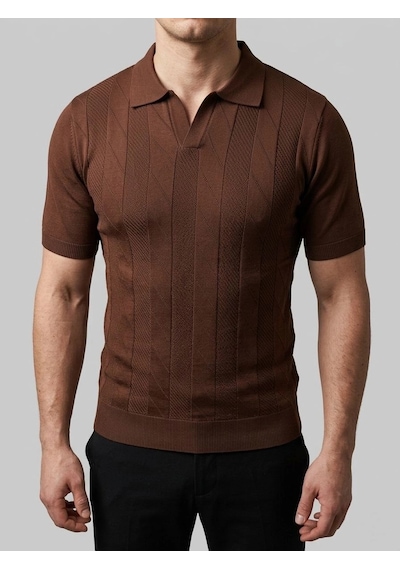 Erkek Yazlık Triko Dokuma Tişört Kısa Kol Polo Yaka T-shirt - Kahverengi