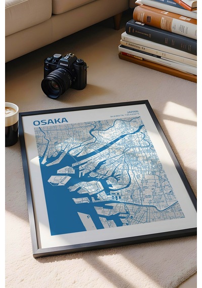 Osaka Japonya Japan Haritası Çerçeveli Tablo Lüks Salon Ofis Duvar Dekorasyonu Hediyelik Tablo