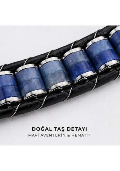 Mavi Aventurin Ve Hematit Doğaltaş Deri & Çelik Örgü Erkek Bileklik Premium Tasarım