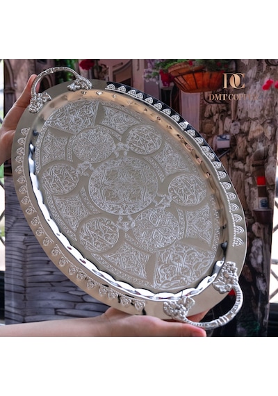 Dmt Gaziantep Bakır 42,5 Cm Osmanlı El İşi Sunum Tepsi Kına Tepsisi 42.5cmx28cm Gümüş