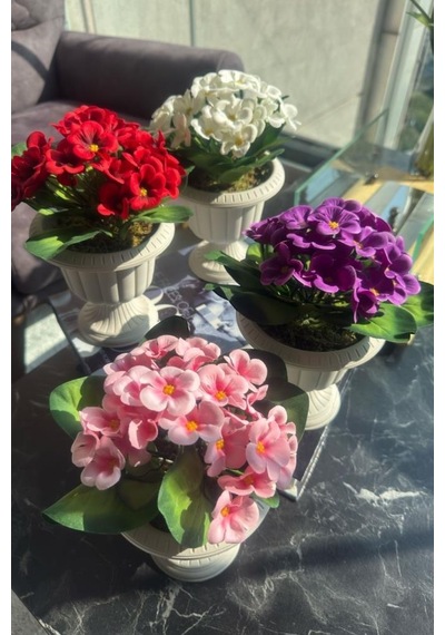 4lü Set Yapay Çiçek Krem Antik Saksıda Karışık Renk Kadife Menekşe Gerçekçi Doku 22cm