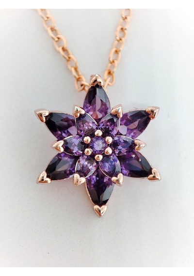 Ervanur Kadın Rose Gold Zincir Kaplama Zirkon Taşlı Mor Lotus Çiçeği Kolye Mor