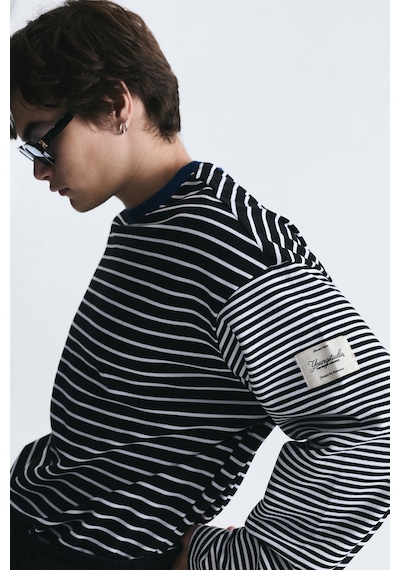 Vamos Kontrast Yaka Çizgili Sweatshirt Ekru-siyah