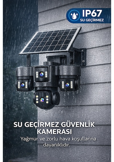 Sim Kartlı Üç Motorize Kameralı Siren Alarmlı Güneş Panelli Gece Görüşlü Güvenlik Kamerası