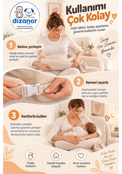 Dizanor Ayarlanabilir Kemerli Çok Amaçlı Emzirme Minderi Fermuarlı Yıkanabilir Kılıf 56x50x11 CM