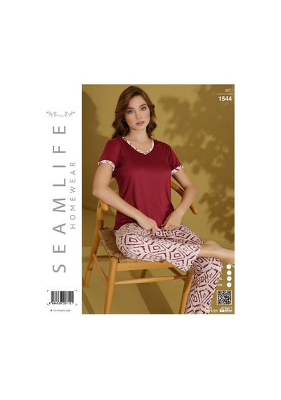 Seamlife Kadın Extra Yumuşak %100 Pamuk V Yaka Milan Kısa Kollu Pijama Takımı Kırmızı