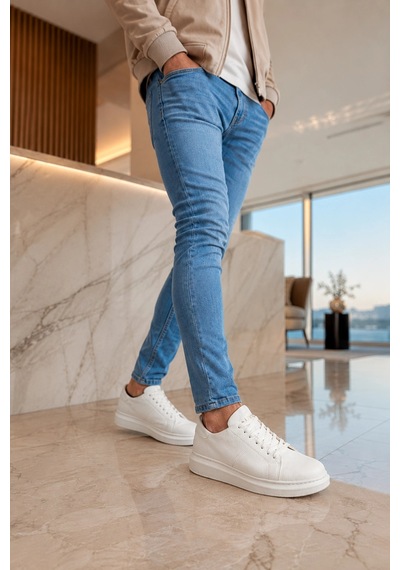 Mevese Tsoob Bağcıklı Cilt Erkek Günlük Rahat Taban Sneaker Ayakkabı - Beyaz