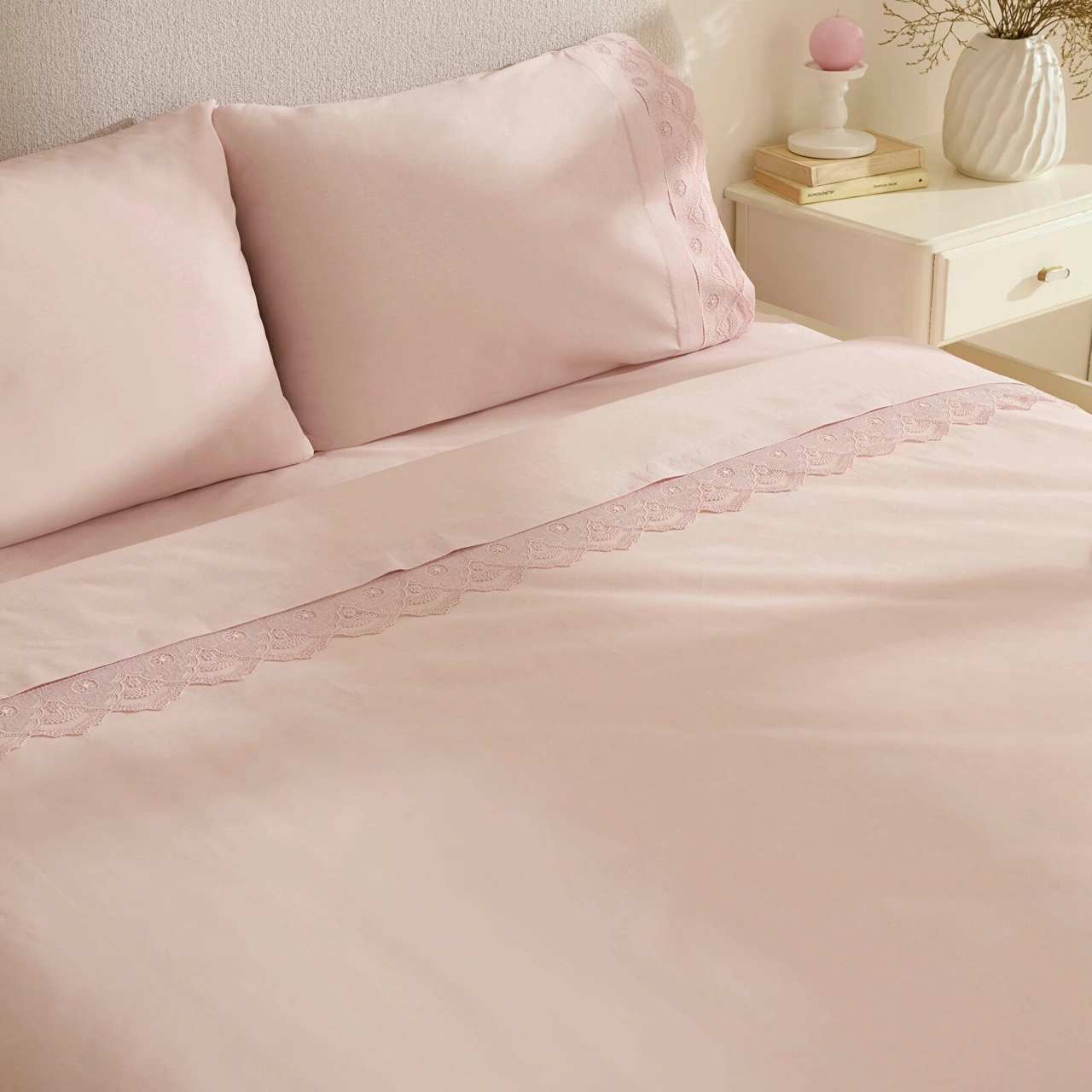 Karaca Home Teora %100 Pamuk Dantelli Çift Kişilik Nevresım Takımı Pudra Pudra