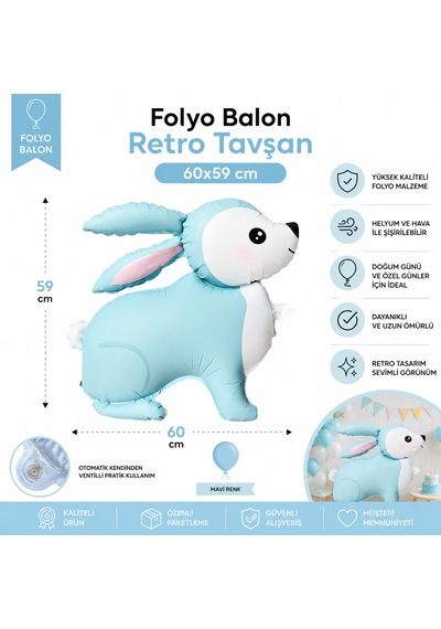 Mavi Retro Tavşan Folyo Balon 60x59 Cm Doğum Günü Baby Shower Parti Süsü Dekorasyonu Çok Renkli