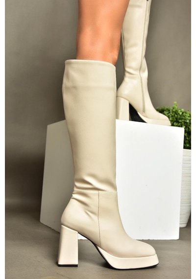 Fox Shoes R282230109 Bej Platform Kalın Topuklu Kadın Çizme Bej