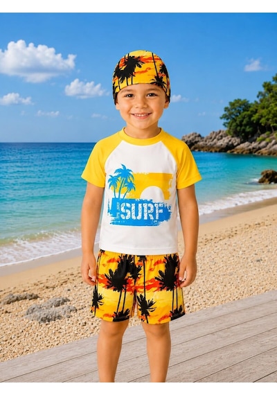 My Kids Wear Erkek Çocuk Dinozor Desenli Deniz Şortu Takımı 3 Parça Mayo Seti 12757 Sarı