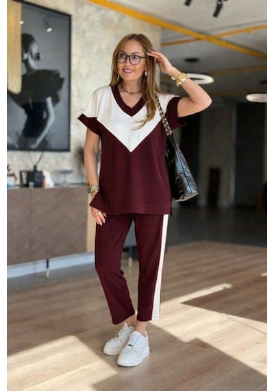 Alyn Wear Kadın Kısa Kollu V Yakalı Çift Renkli Viskon Iki Iplik Ikili Bluz Ve Pantolon Takım Bordo Alyn Wear Kadın Kısa Kollu V Yakalı Çift Renkli Viskon Iki Iplik Ikili Bluz Ve Pantolon Takım Bordo