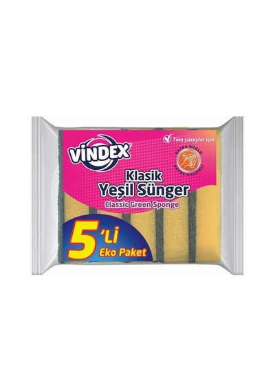 Vindex Klasik Yeşil Bulaşık Süngeri, 5'li Ekonomik Paket, Mutfak Temizliği İçin