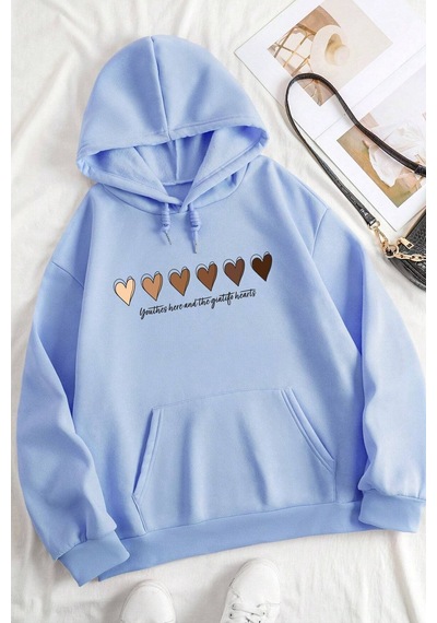 Uyguntarz Unisex Kalp Baskılı Oversize Sweatshirt Bebe Mavisi
