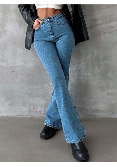 Herton Yüksek Bel İspanyol Paça Jean Pantolon - Eskitme Detaylı Full Pamuklu Flare Denim Koyu Mavi
