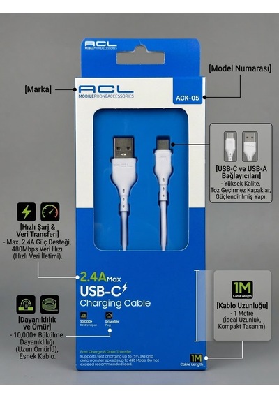 Acl Ack-05 2.4a Usb-c Hızlı Şarj Kablosu 1 Metre - Lisinya