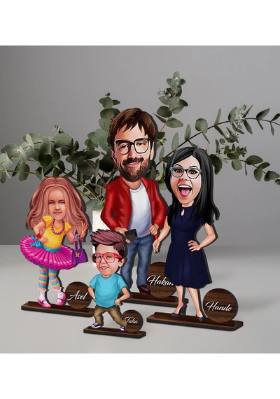 Bk Gift Kişiye Özel 4 Lü Aile Karikatürlü Ahşap Biblo Seti Model-2