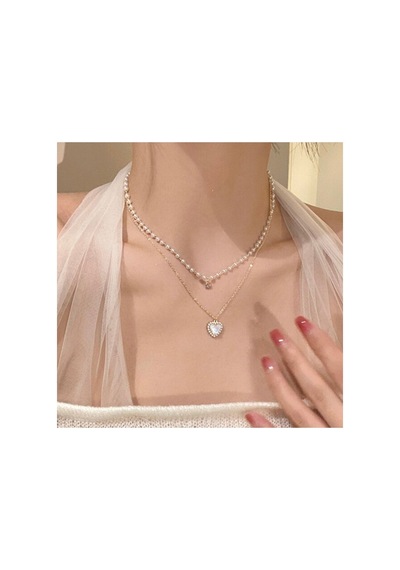 Heart Ikili Incili Kalpli Altın Renk Düğün Nişan Gelin Sevgililer Günü Özel Hediye Gerdanlık Kolye Tiffany Blue