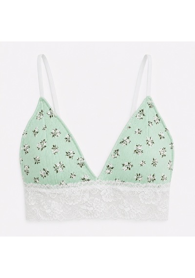 Bonbon Kadın Pamuklu Bohçalık Çeyizlik Ve Hediyelik Pointel Çiçek Desenli Ribana Kumaş Dantel Detaylı Bralet Bb2763 Açık Yeşil Desenli