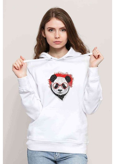 Gözlüklü Panda Baskılı Beyaz Kadın Kapşonlu Sweatshirt