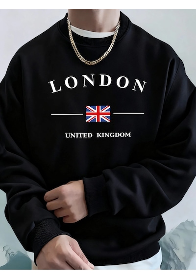 Startmore Tarzsokak Londra Birleşik Krallık Bayrağı Desenli Erkek Üst Sokak Sporları Kapüşonlular O-yaka Rahat Ti Siyah
