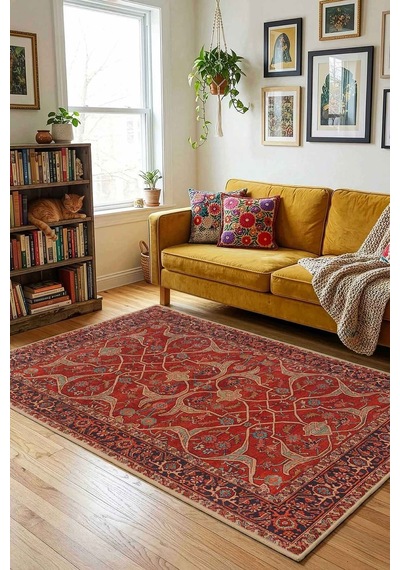 Yıkanabilir Kaymaz Taban Dijital Baskılı Halı Ve Yolluk Leke Tutmaz Salon & Mutfak Halısı - 0607 Bordo