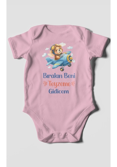 Morivokids Bırakın Beni Teyzeme Gideceğim Kısa Kollu Bebek Body %100 Pamuk Koyu Pembe