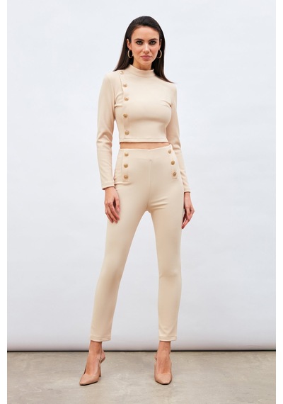 Sateen Düğme Detaylı Pantolon - Bej-132976 Bej