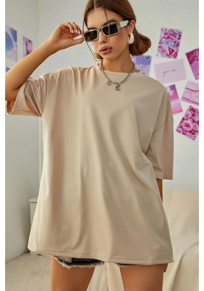 Oversize Unisex Baskısız T-shirt Bej