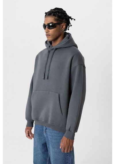Vamos Basic Oversize Yıkamalı Hoodie Füme