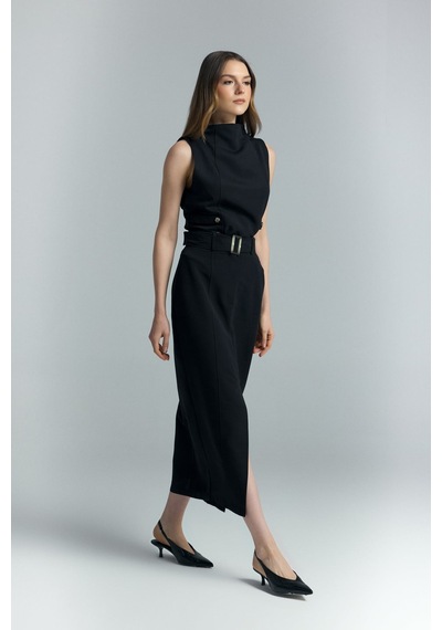 Sateen Jessi Yırtmaçlı Etek - Siyah-137284