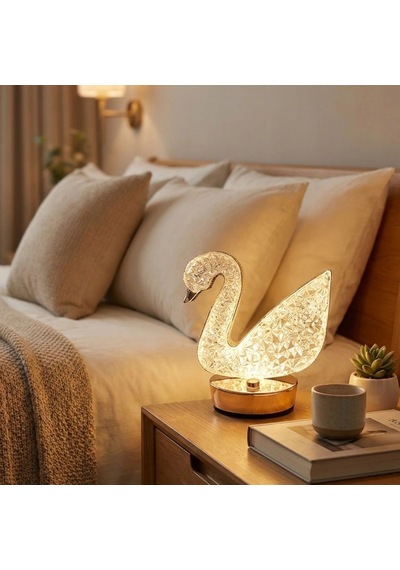 Kuğu Model Kristal Led Masa Lambası Dokunmatik, 3 Renk Işık Modlu, Şarjlı Mini Dekoratif Gece Lambası 5570 Beyaz