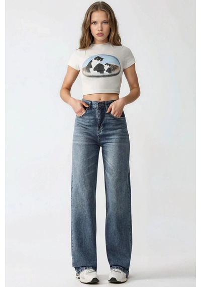 Hiccup Orta Bel Straight Leg Denim Pantolon Orta Mavi Denim