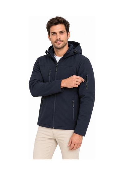 Barlashive Erkek Su Geçirmez Softshell İçi Polar Astarlı Çıkarılabilir Kapüşonlu 4 Cepli Mont Ceket - Lacivert Çok Renkli