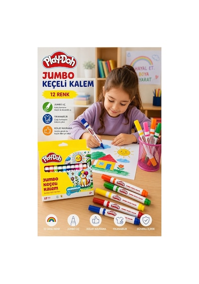 Keçeli Kalem 12 Renk Jumbo 1 Paket Play-doh 12 Li Jumbo Keçeli Kalem Canlı Renkler Yıkanabilir Kaliteli Okul Öğrenci